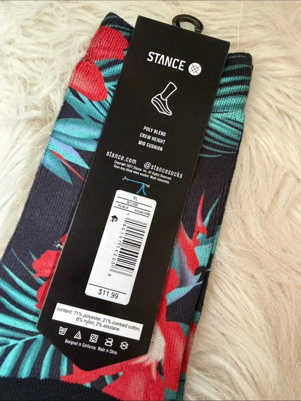 🌺 Stance Kid’s Black Crew Socks w/ Red Floral & Teal Palm Print WADE COLLECTION